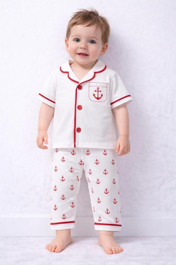 derin baby %100 Pamuklu Kısa Kollu Düğmeli Yazlık Denizci Çapalı Erkek Bebek Pijama Takımı