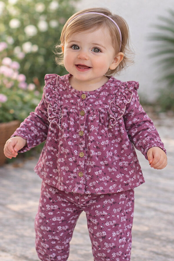 Bilge Trend KIZ BEBEK , ÇOCUK MÜSLİN , FIRFIRLI ÖNDEN DÜĞMELİ 2 PARÇA PAMUKLU PİJAMA TAKIMI