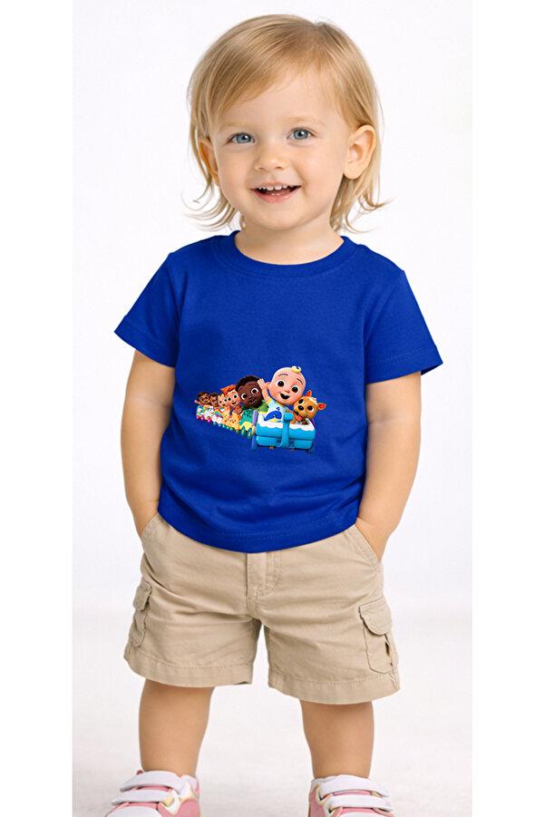 petite pati Mavi Cocotrain Bebek Tişört %100 Pamuk Penye Çocuk Tshirt Baskılı