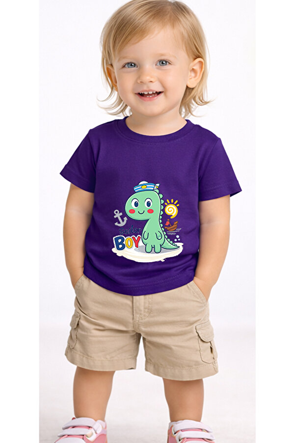 petite pati Mor Sailordino Bebek Tişört %100 Pamuk Penye Çocuk Tshirt Baskılı