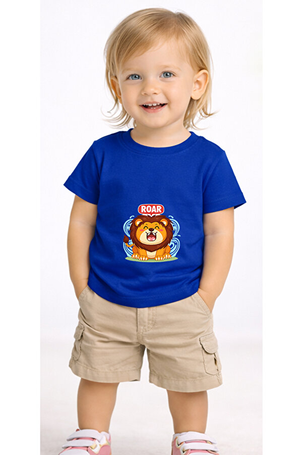 petite pati Mavi Roaringlion Bebek Tişört %100 Pamuk Penye Çocuk Tshirt Baskılı
