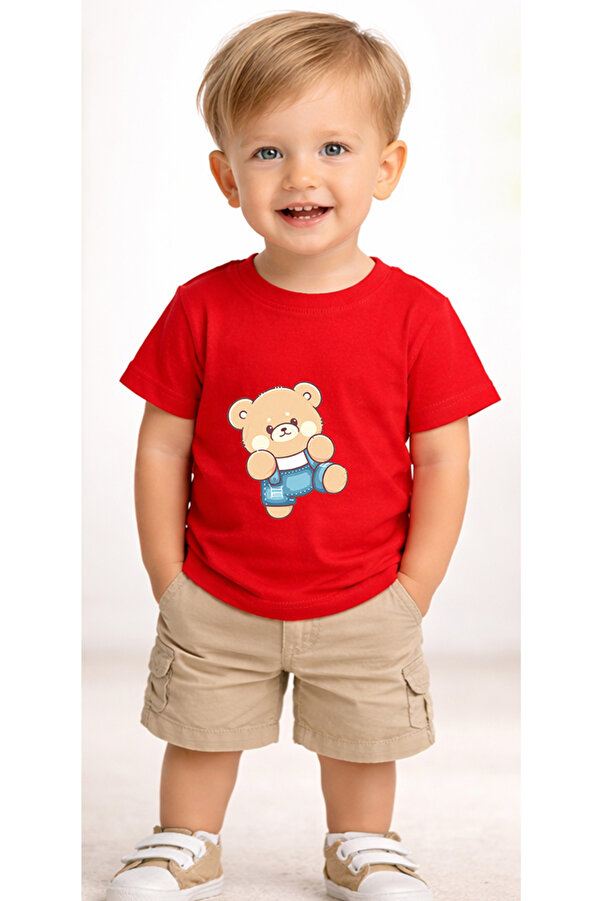 petite pati Kırmızı Bearjeans Bebek Tişört %100 Pamuk Penye Çocuk Tshirt Baskılı