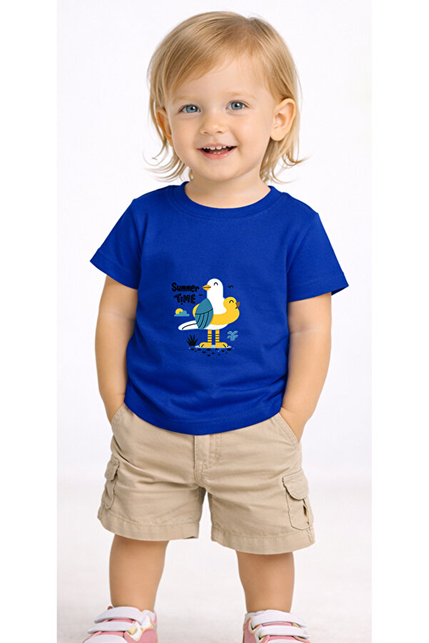 petite pati Mavi Summerbird Bebek Tişört %100 Pamuk Penye Çocuk Tshirt Baskılı