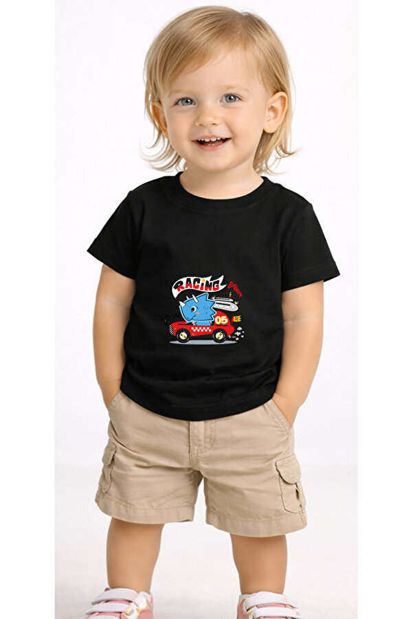 petite pati Siyah Racingdino Bebek Tişört %100 Pamuk Penye Çocuk Tshirt Baskılı