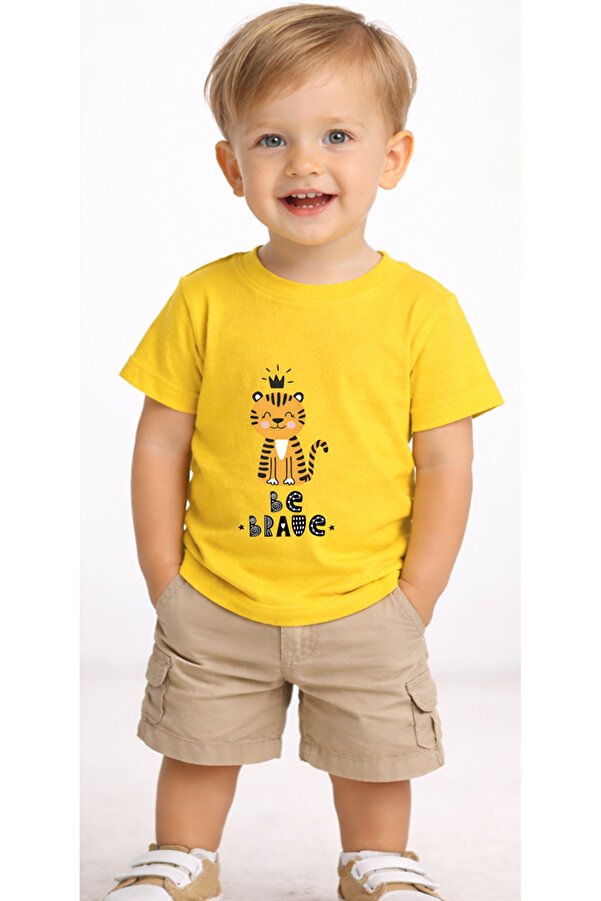 petite pati Sarı Bravetiger Bebek Tişört %100 Pamuk Penye Çocuk Tshirt Baskılı