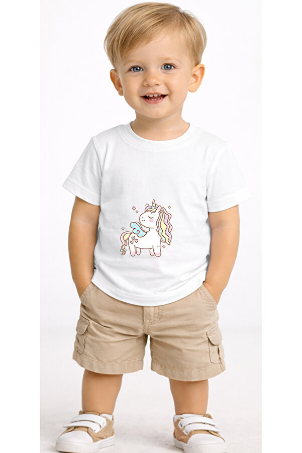 petite pati Beyaz Unicornrainbow Bebek Tişört %100 Pamuk Penye Çocuk Tshirt Baskılı