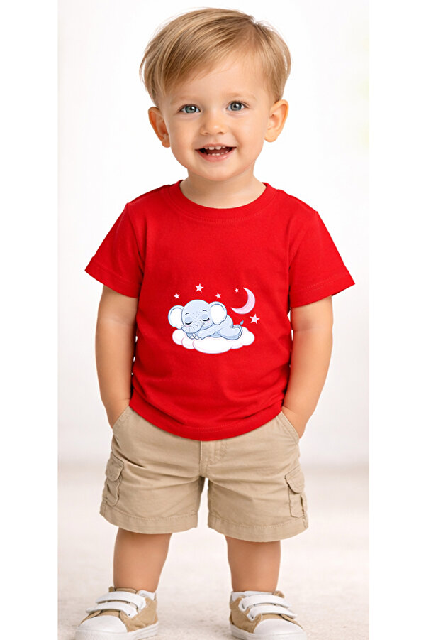petite pati Kırmızı Filsleep Bebek Tişört %100 Pamuk Penye Çocuk Tshirt Baskılı