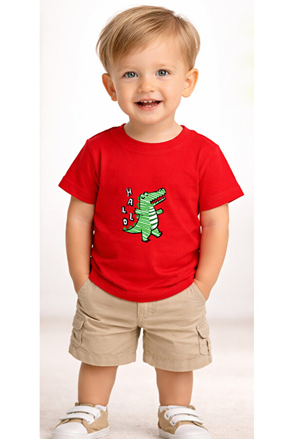 petite pati Kırmızı Hallotimsah Bebek Tişört %100 Pamuk Penye Çocuk Tshirt Baskılı