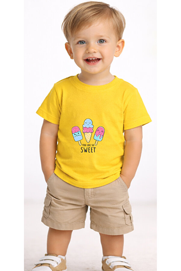 petite pati Sarı Sweeticecream Bebek Tişört %100 Pamuk Penye Çocuk Tshirt Baskılı