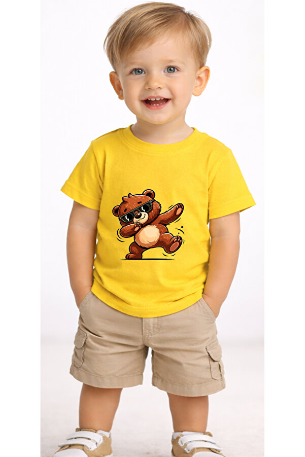 petite pati Sarı Dancebear Bebek Tişört %100 Pamuk Penye Çocuk Tshirt Baskılı