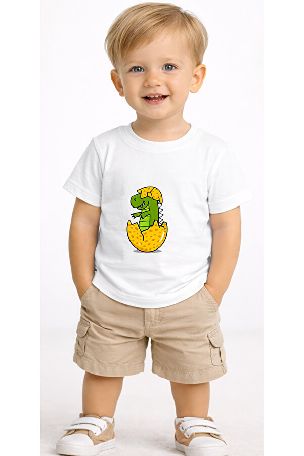 petite pati Beyaz Dinoegg Bebek Tişört %100 Pamuk Penye Çocuk Tshirt Baskılı