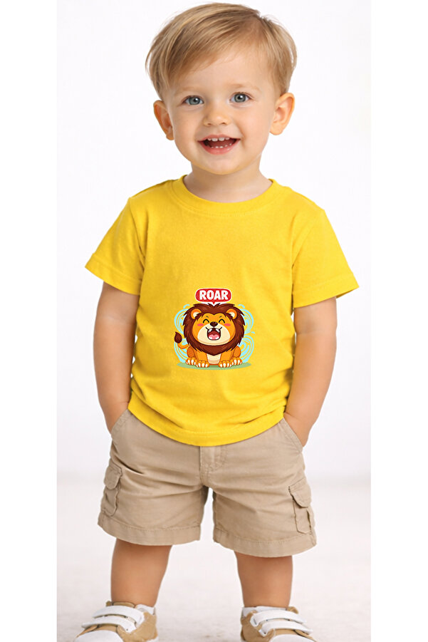 petite pati Sarı Roaringlion Bebek Tişört %100 Pamuk Penye Çocuk Tshirt Baskılı