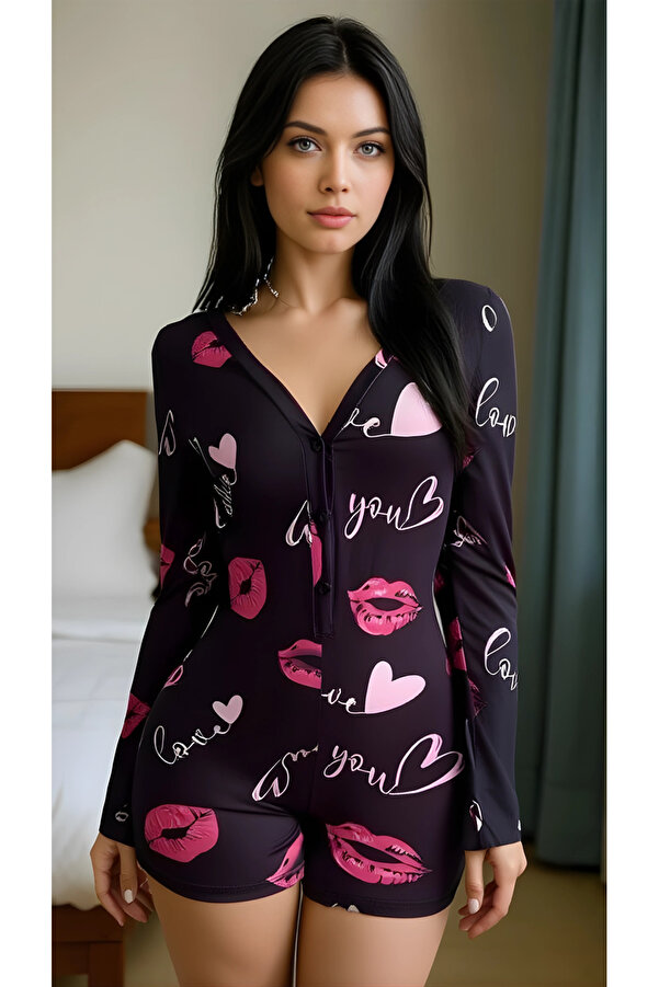 pilelistore Luna Lora Kiss Heart Dream Pamuklu Kırmızı Öpücük ve Kalp Desenli Düğmeli Uzun Kol Tulum Pijama