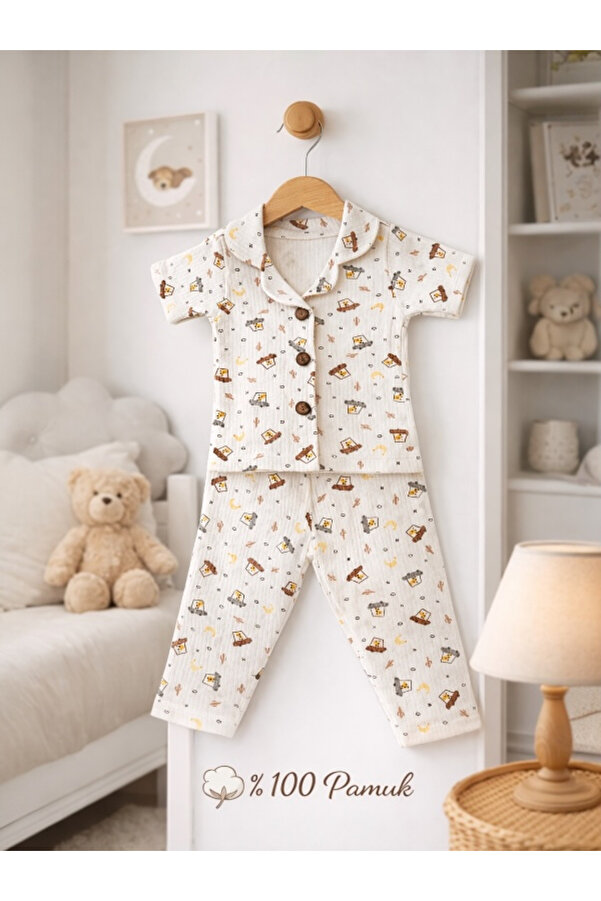 Gleamy %100 Pamuk Bebek Pijama Takımı 1-4 Yaş Yazlık Terletmez Yumuşacık Düğmeli Şık Takım