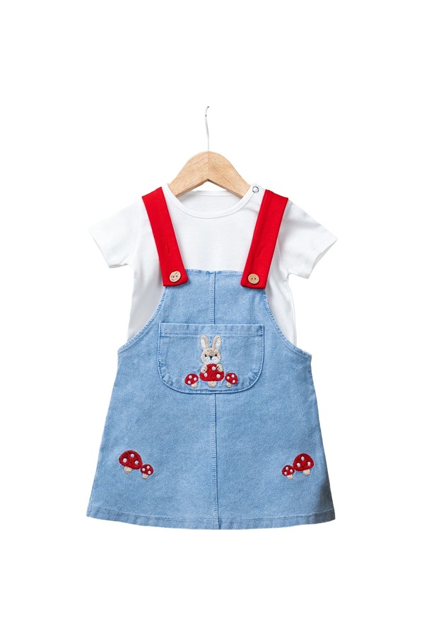 MUBA KIDS Sevimli Mantar ve Tavşan Nakış Detaylı Bebek Kot Salopet ve T-shirt Seti - Kırmızı Askılı