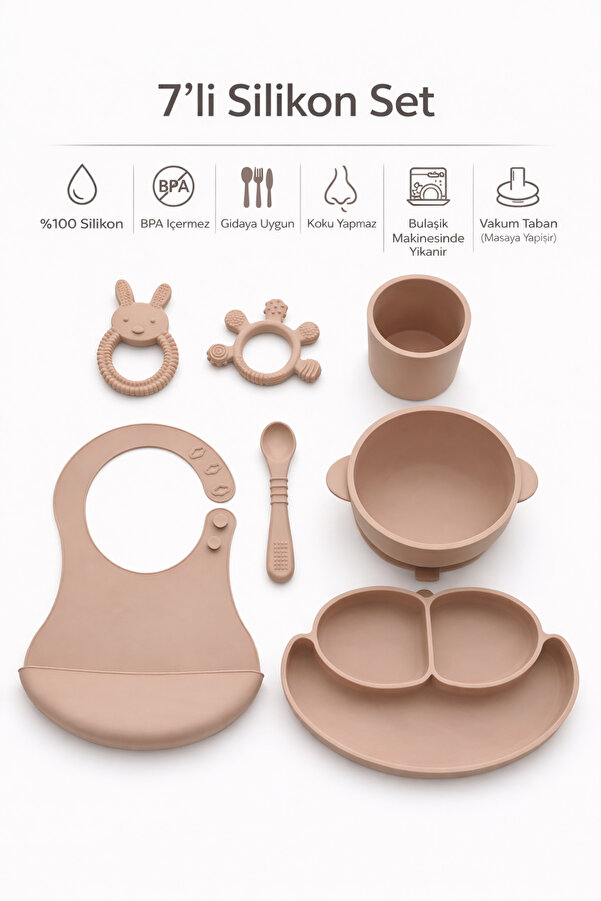 evolis kitchen 7'Li Bebek Beslenme Seti Vakumlu Silikon-Mama Tabağı-Mama Kasesi-Bardağı Kaşık-Önlük Diş Kaşıyıcısı