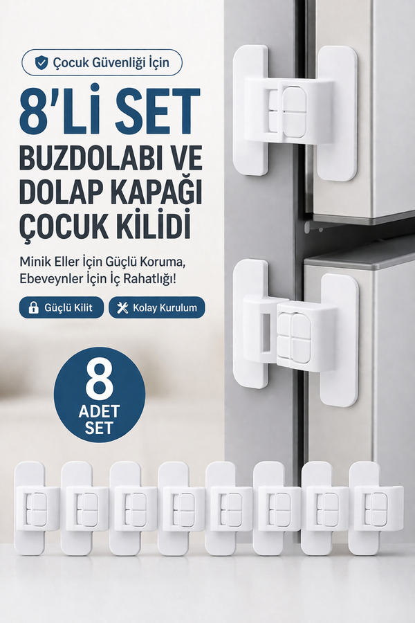 Yenilig 8’li Set Buzdolabı ve Dolap Kapağı Çocuk Kilidi | Güçlü Kilitleme & Kolay Kurulum