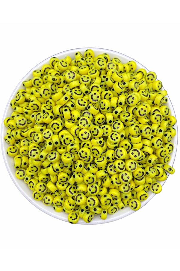 Genel Markalar 25gr Sarı Renk 4x7mm Smile, Gülen Yüz Boncuk ,Yassı Plastik Surat Boncuk (25 Gr, ~200 Adet)