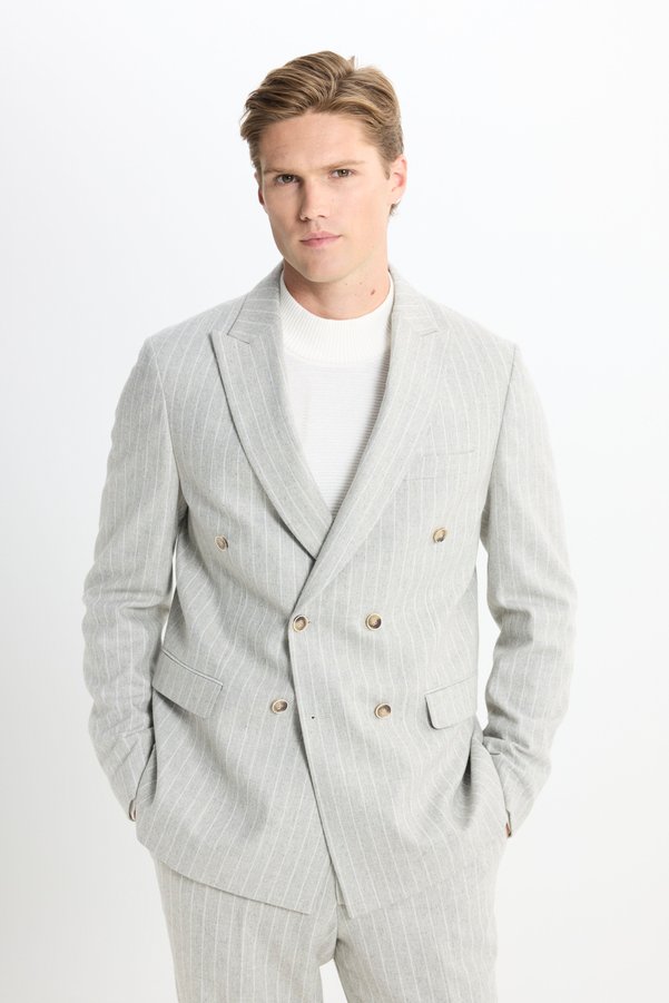 Altınyıldız Classics Men's Light Gray Woolen Slim Fit Slim Fit Swallow Collar Striped Cover Pocket Suit