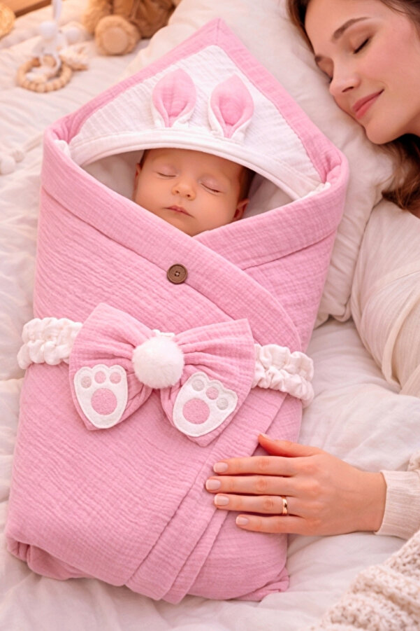 Tomuycuk 4 Kat Müslin Pembe Bebek Battaniyesi %100 Pamuklu Doğal Organik Uyku Kundağı Hastane Çıkışı