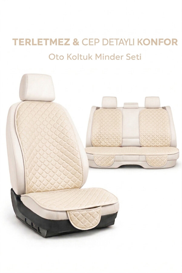 Ecarteks Terletmez Cepli Oto Koltuk Minder Seti Kolay Montaj Universal Koruyucu Kılıf Kumaş Bej