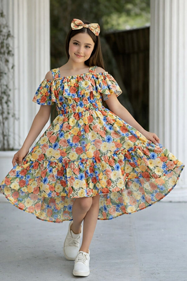 ELAFOR Fırfırlı Madonna Yaka Moss Krep Kumaş Kız Çocuk Çiçekli Elbise(1 YAŞ BÜYÜK ALINIZ)-bayramlık