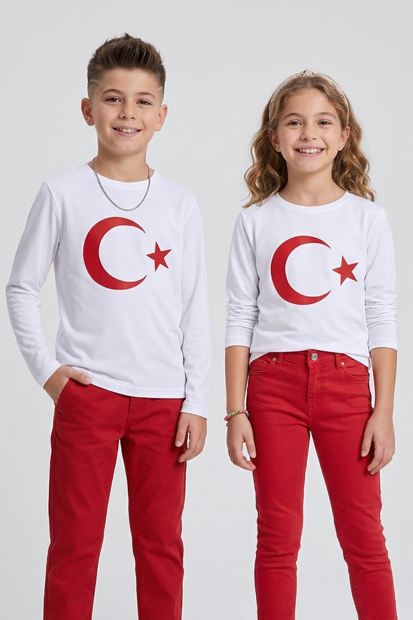 DMB BOYS & GIRLS Ay Yıldız Türk Bayrak Baskılı Pamuklu 23 Nisan Erkek Ve Kız Çocuk T-shirt