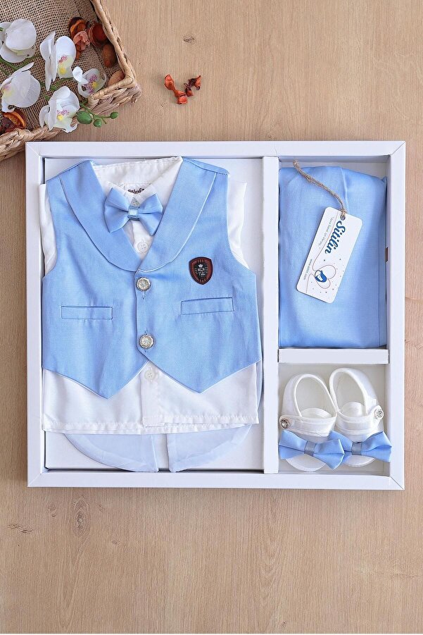 Sitilin Erkek Bebek Yelekli Papyonlu Mevlit Takımı Lüks Özel Gün ve Mevlütlük Süslü Set 0 - 4 AY STL6408