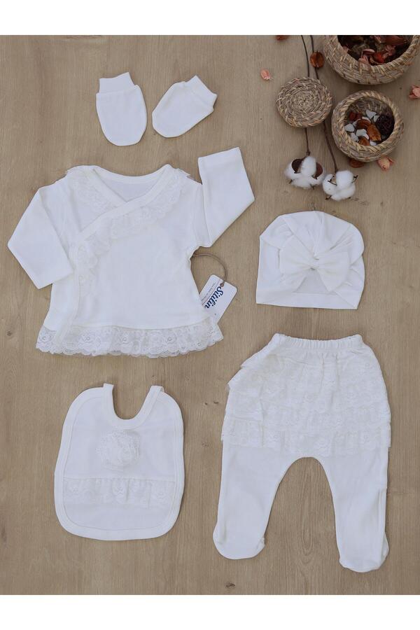 Sitilin Kız Bebek Dantelli Lüks Fistolu Süslü 5 Li Hastane Çıkışı Yenidoğan Set STL6453