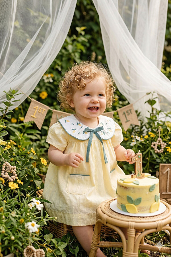 ALYRA Kız Bebek Elbise Kısa Kollu Bebe Yaka Sarı Limon Nakış Detaylı Özel Gün Doğum Günü Günlük Elbise
