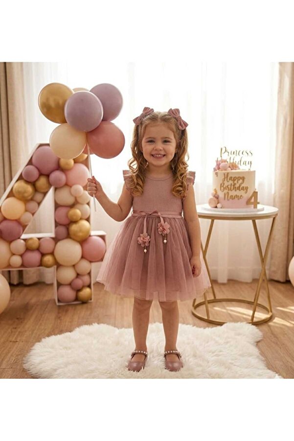 Retro Women Kız Çocuk Gül Kurusu Tül Özel Gün Doğum Günü Yılbaşı Abiye Hediye Günlük Prenses Elbise