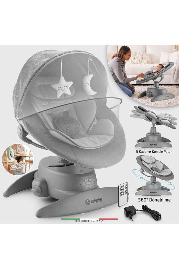 Elele Roma Lüks Elektrikli Otomatik Sallanan Ana Kucağı 360° Dönebilen Kademeli Antrasit