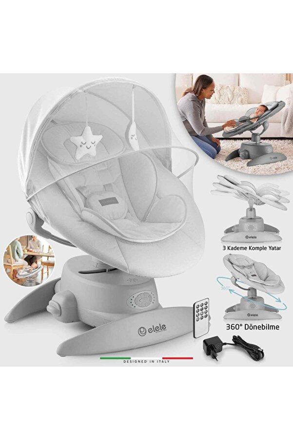 Elele Roma Lüks Elektrikli Otomatik Sallanan Ana Kucağı 360° Dönebilen Kademeli Gri