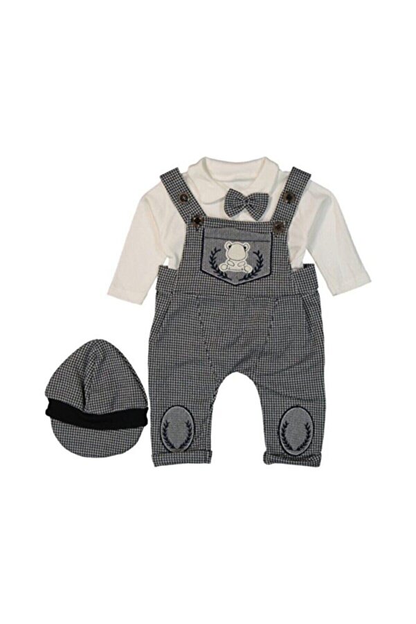 Murat Baby Papyonlu Şapkalı Pötikareli Gri Salopet Takım