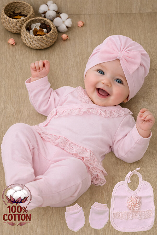 Sitilin Kız Bebek Dantelli Lüks Fistolu Süslü 5 Li Hastane Çıkışı %100 Pamuk Yenidoğan Seti