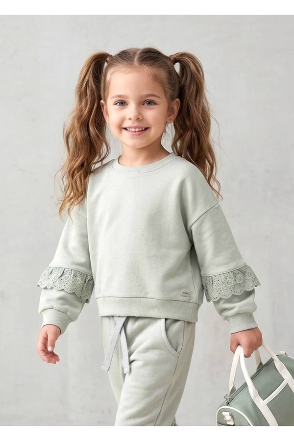 Ozmoz By Mukadder Özden Organik Dantelli Yeşil Minik Kız Çocuk Sweatshirt