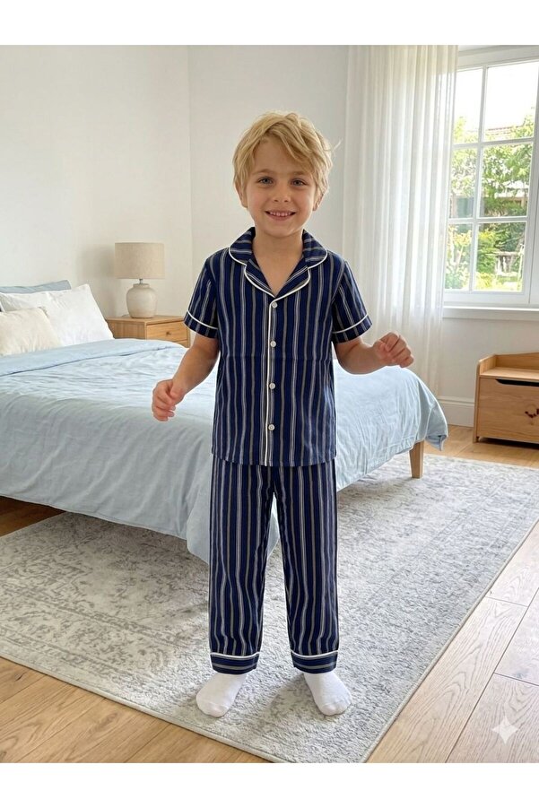 SERRASTIL Erkek Çocuk Lacivert Renk Çizgili Pamuklu Kısa Kollu Pijama Takımı