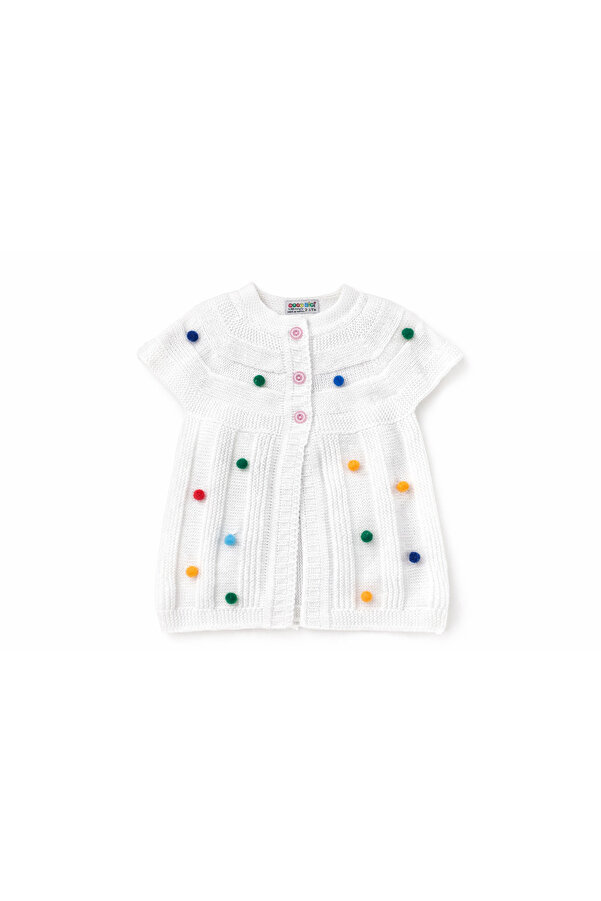 Jaju Baby Beyaz Kız Bebek Triko Yelek Renkli Ponpon Detaylı Düğmeli🌈