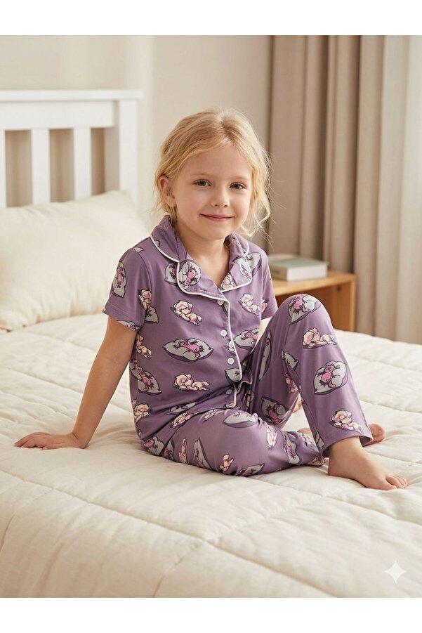 SERRASTIL Kız Çocuk Kedi Desenli Mor Renk Pamuklu Kısa Kollu Pijama Takımı
