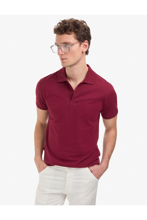 Pierre Cardin Burgundy Slim Fit 100% Cotton Non-Curling Buttoned Polo Collar Basic T-Shirt 50325323-Vr014