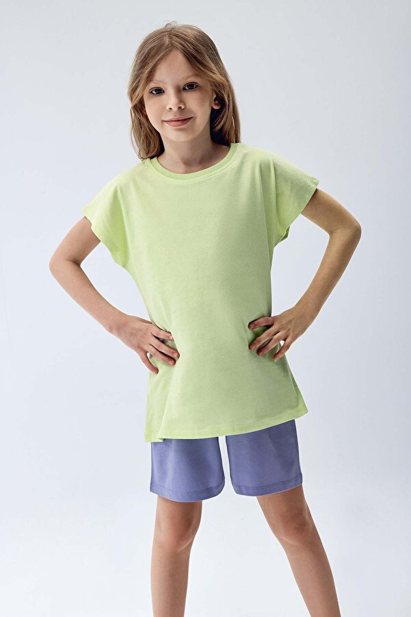 Brix Kız Çocuk Kısa Kollu %100 Pamuk Pijama Takımı 7816 Yeşil Renk