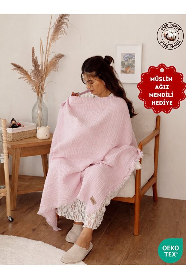 ZEYPBA Pudra 4 Katlı Müslin Emzirme Örtüsü & Müslin Puset Örtüsü Müslin Örtü Püsküllü