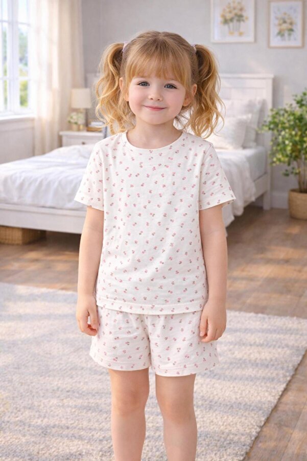 MiniBou Kız çocuk Çiçekli Pamuklu Alt Üst Pijama Takımı
