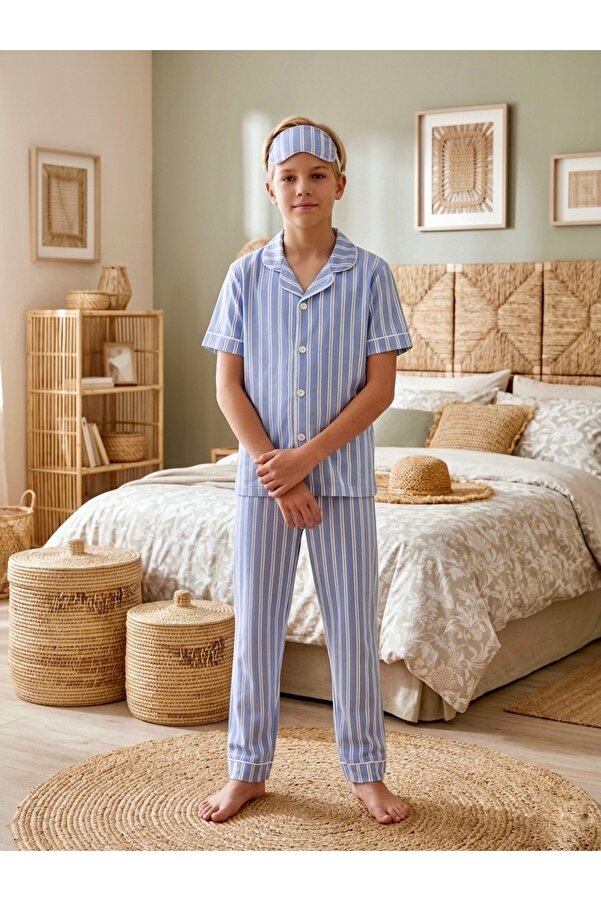 Enie Erkek Çocuk Pamuklu Çizgili Yazlık Göz Bantlı Pijama Takımı