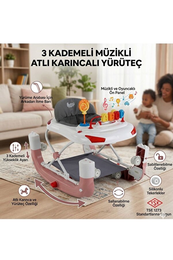 ÖYKÜ BEBEK DUNYASI 3 Kademeli Atlı Karıncalı Müzikli Oyuuncaklı Yürüteç