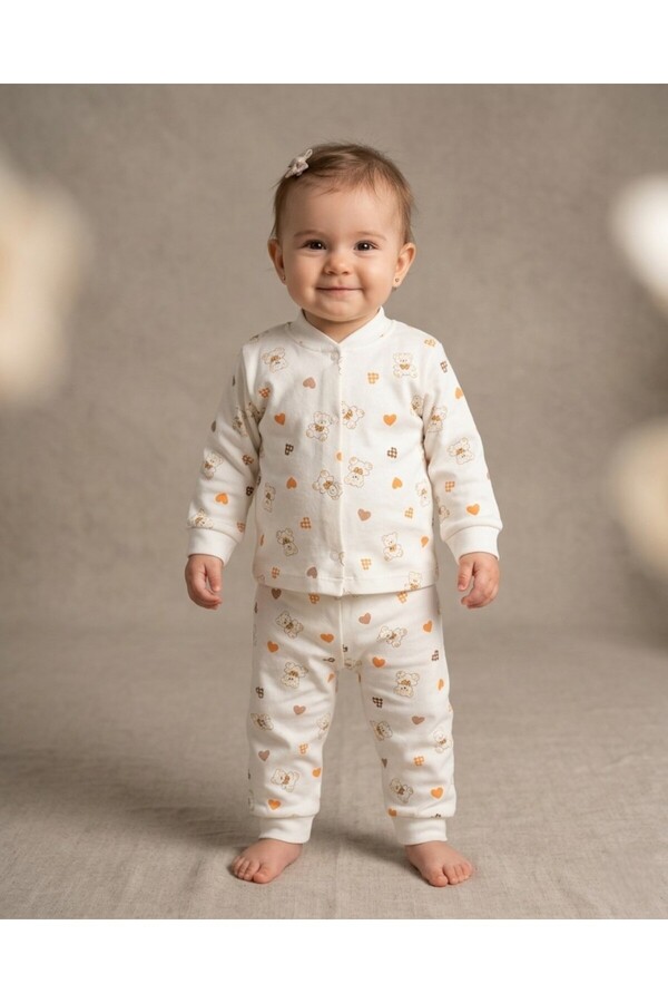 Ege Bebek Kız Bebek Kalp ve Ayıcık Baskılı Çıtçıtlı Mevsimlik %100 Pamuk Gecelik Alt Üst Pijama Takımı