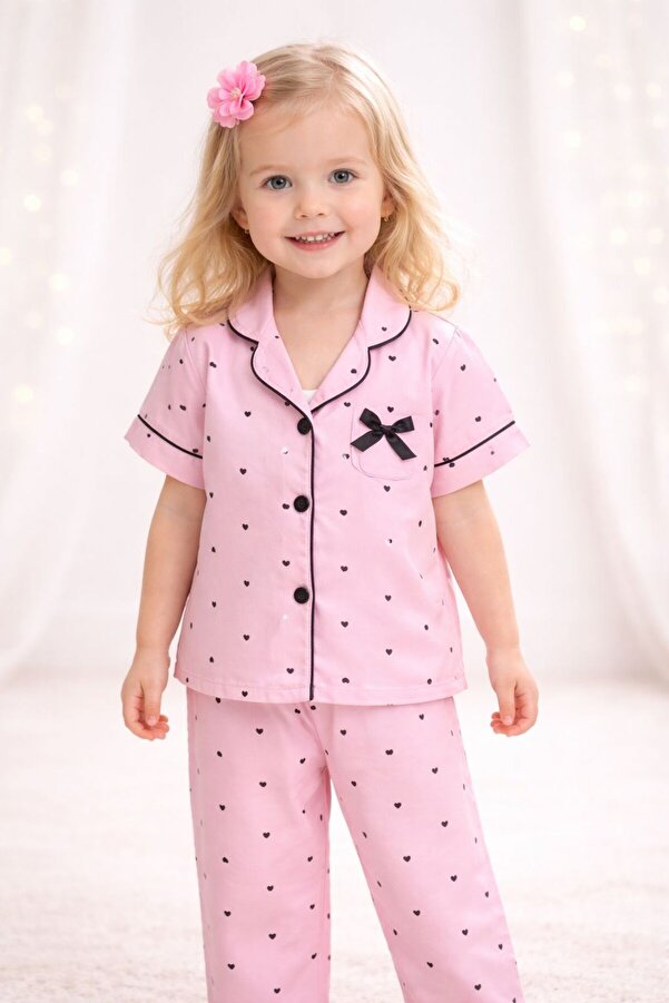 MixMax Bebe Kız Çocuk Siyah Fiyonk Kalpli Kısa Kollu Düğmeli Pijama %100 Pamuklu