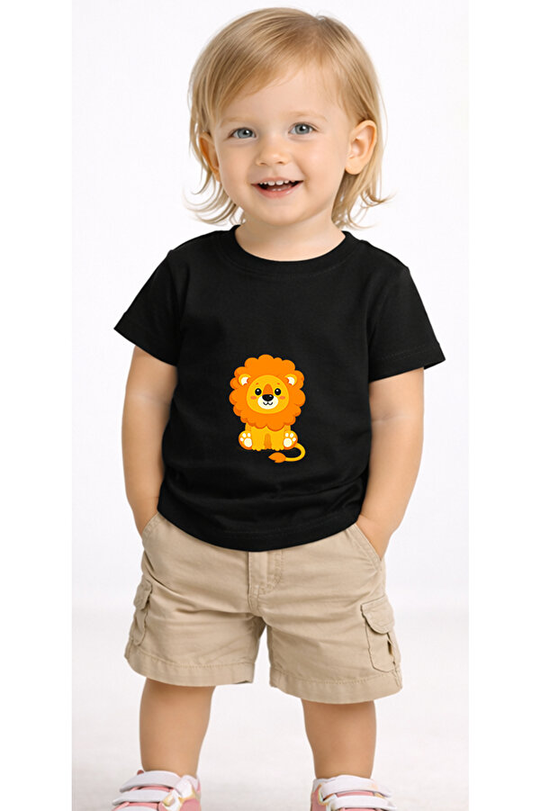 petite pati Siyah Sittinglion Bebek Tişört %100 Pamuk Penye Çocuk Tshirt Baskılı