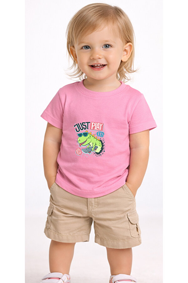 petite pati Pembe Playdino Bebek Tişört %100 Pamuk Penye Çocuk Tshirt Baskılı
