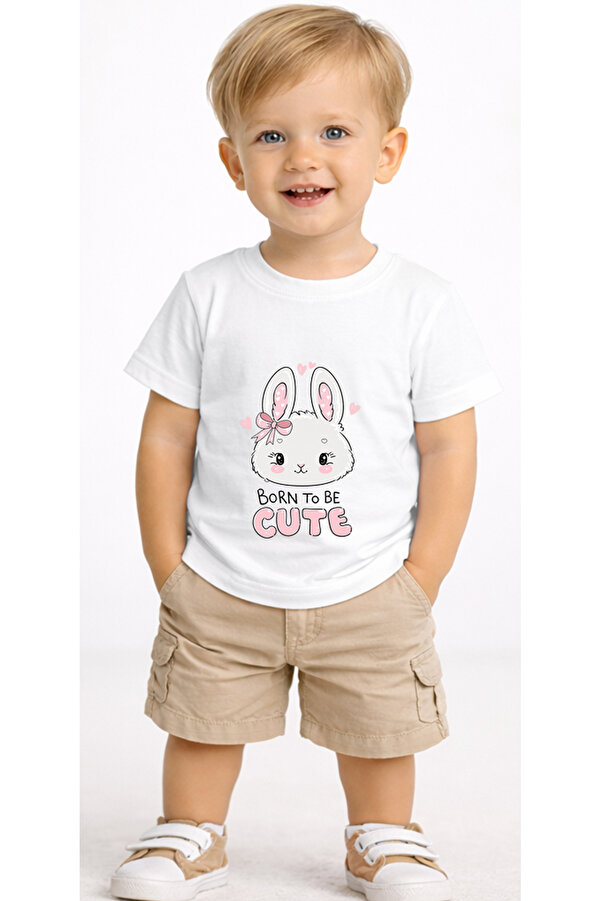 petite pati Beyaz Borncutebunny Bebek Tişört %100 Pamuk Penye Çocuk Tshirt Baskılı